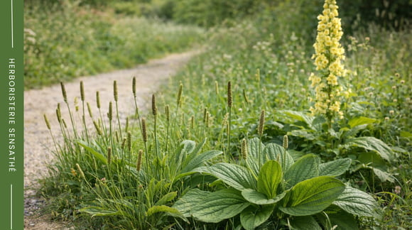 Plantes de la famille des Plantaginacées en prairie et bord de chemin avec plantain et bouillon blanc - Herboristerie Sensathé